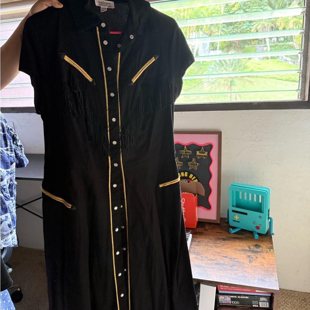 Unique Vintage Black Dress with Gold Trim